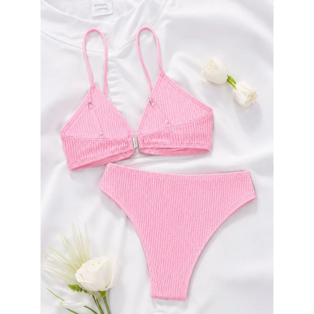 Fanuerg Women's Large Pink Ribbed Bikini Set O-Ring Textured 2 Piece Swimsuit - Picture 2 of 5